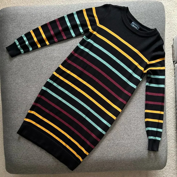 Modcloth Black Multicolored Striped Long Sleeve Dress Medium - Picture 1 of 9